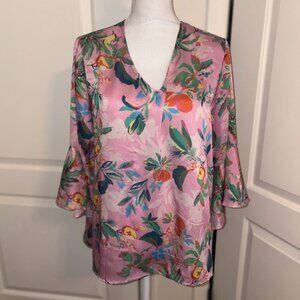 LaRoque Bell Sleeve Blouse Pink Tropical Vacation Flattering Tunic